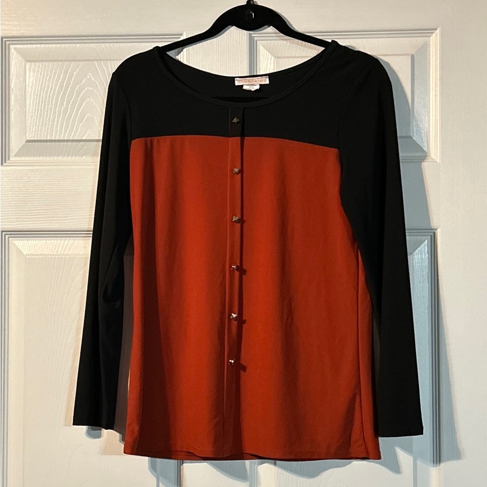 Claudia Richard Black and Rust Long Sleeve Blouse